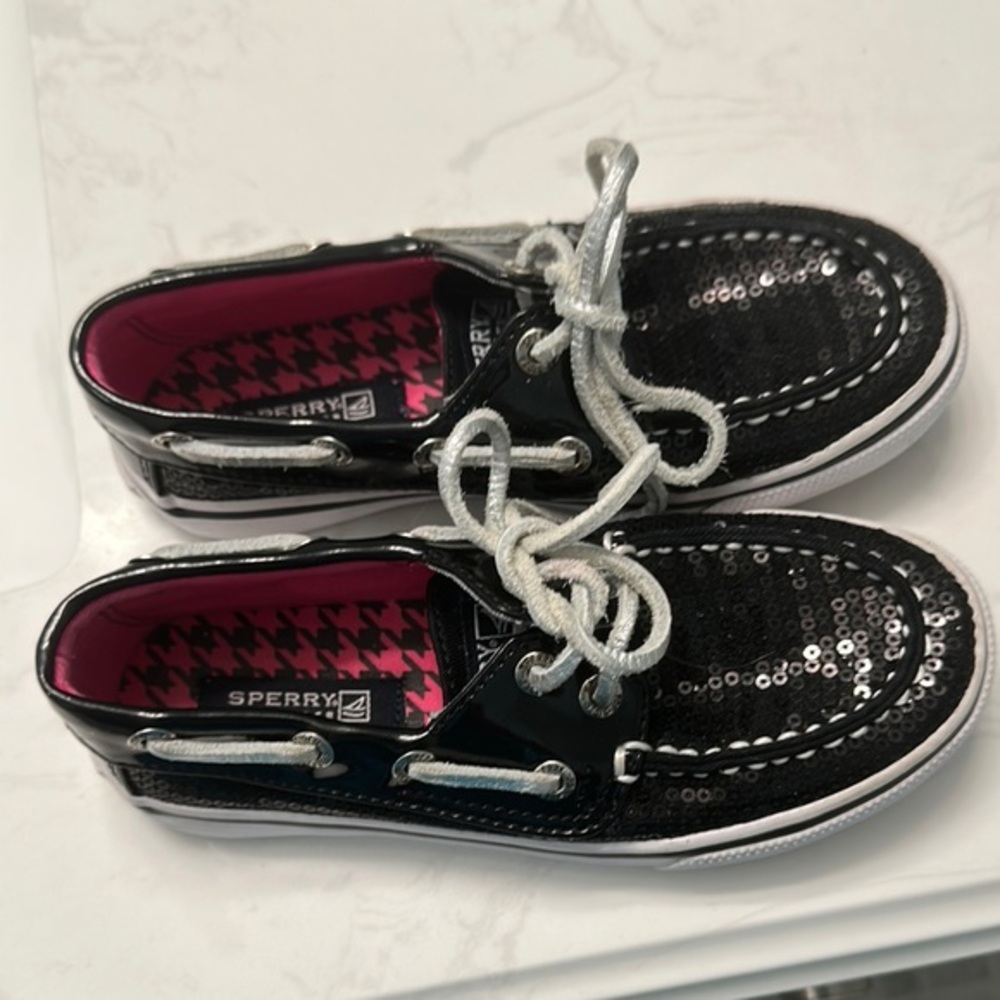 Sperry Kids Black Sequin Boat Shoes Size 11 Medium